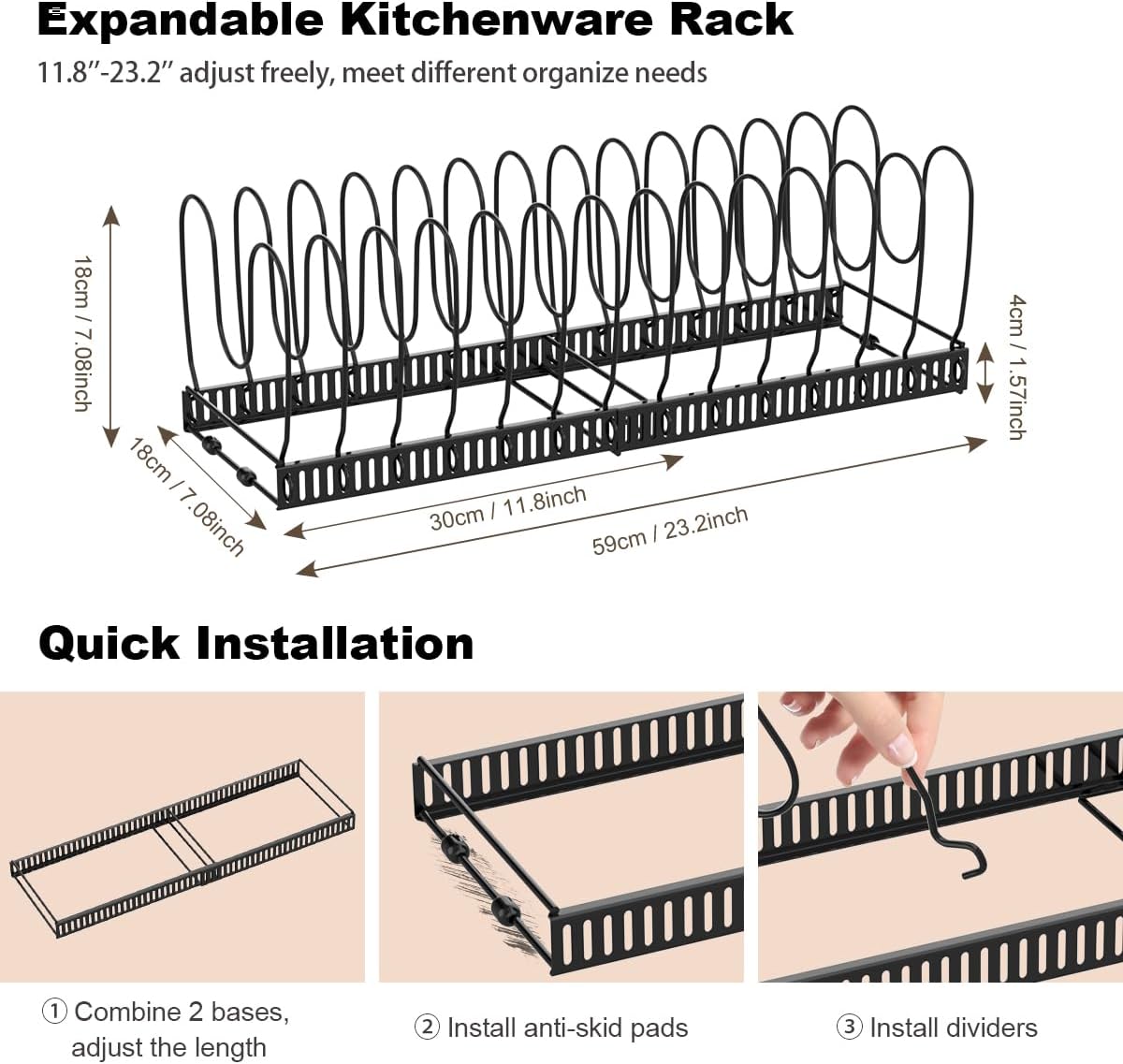 Rack for Cabinet, Expandable Pot Lid Organizer with 14 Adjustable Dividers