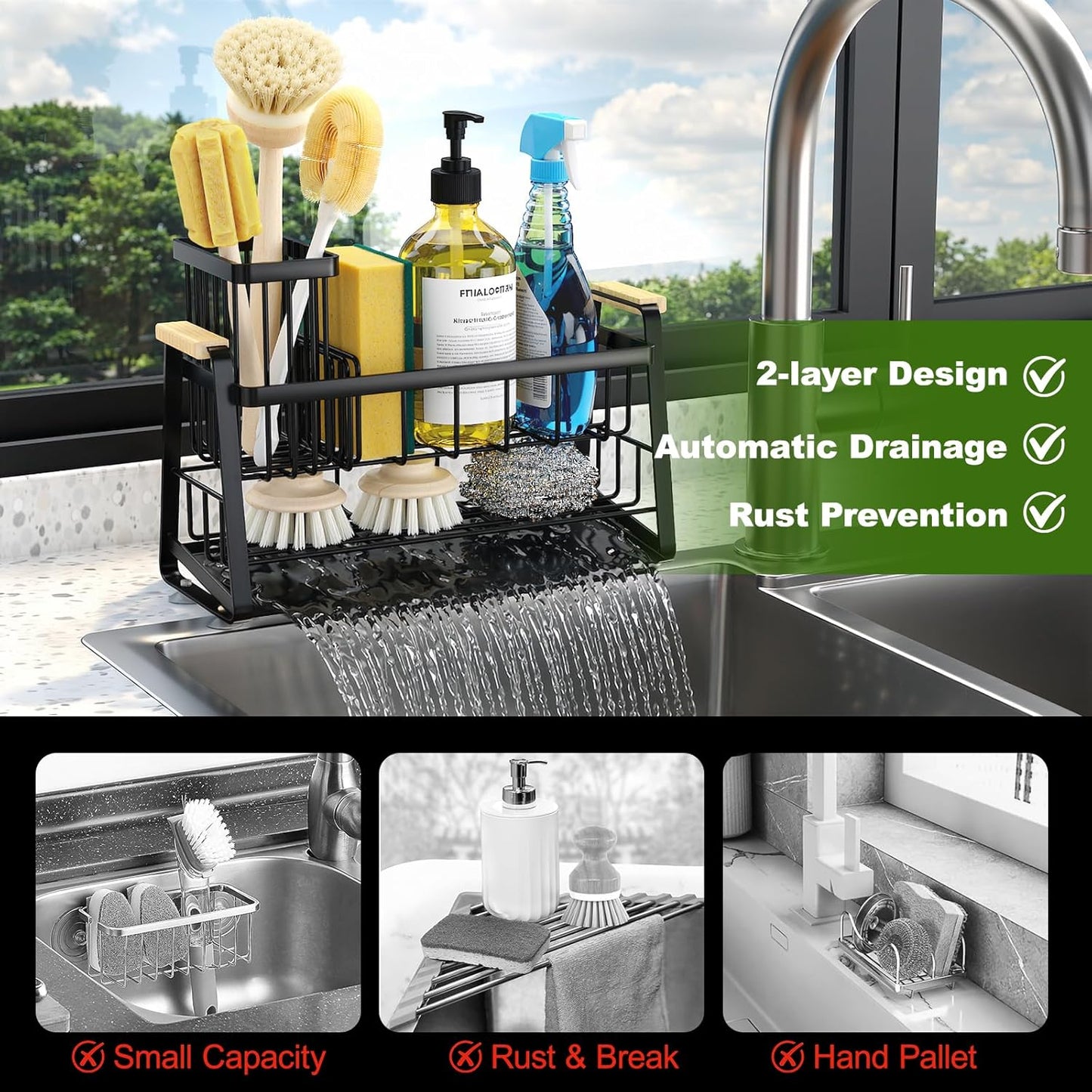 Housolution Sponge Holder for Kitchen Sink, 2-Tier Sink Caddy Organizer