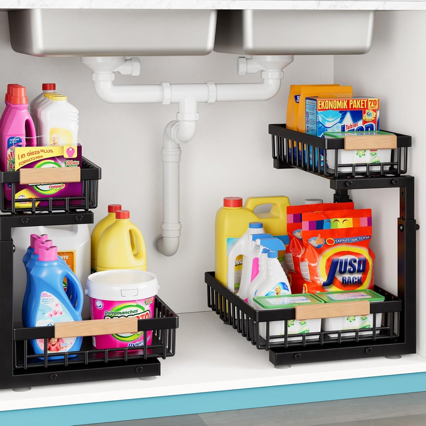 Under Sink Organizer,2 Packs 2 Tier Sliding Pull Out Cabinet Storage Shelf